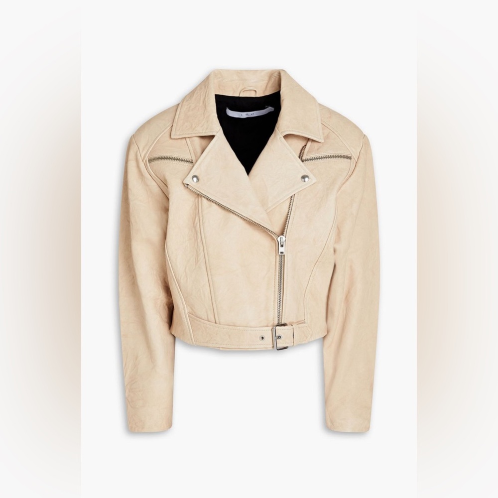 NWT IRO Marom Fringed Crinkled Leather Biker Jacket 38 M Beige - Picture 2 of 11